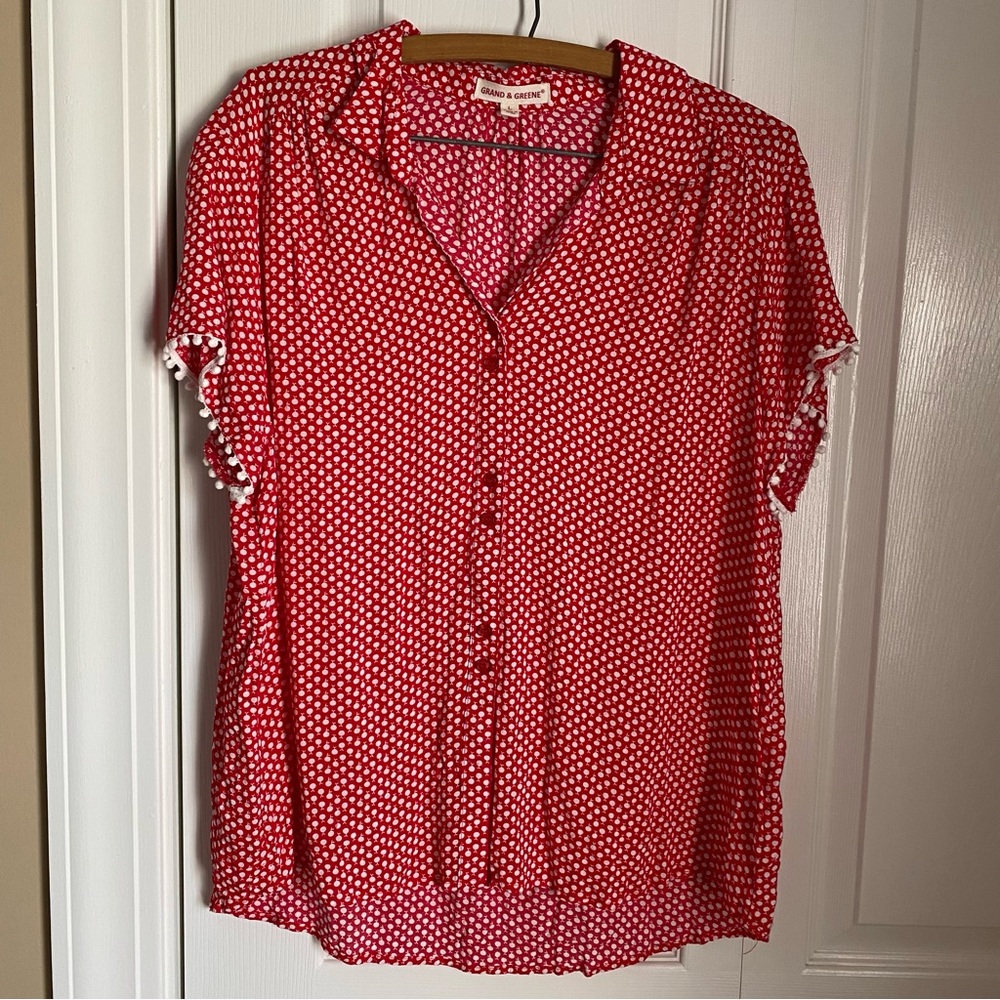 Grand & Greene Red White Cherry Polka Dot Collared Button Up Blouse L Twee Retro